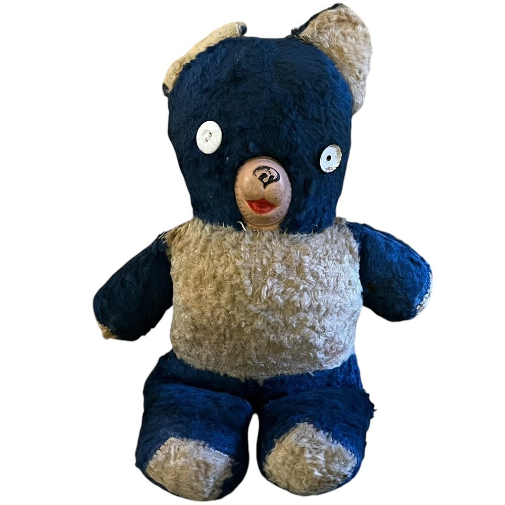 VTG 50s 60s Plush Blue 13" Teddy Panda Bear Rubber Nose Creepy Carnival Prize